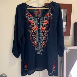 Johnny Was Embroidered Navy Button Front Tunic
